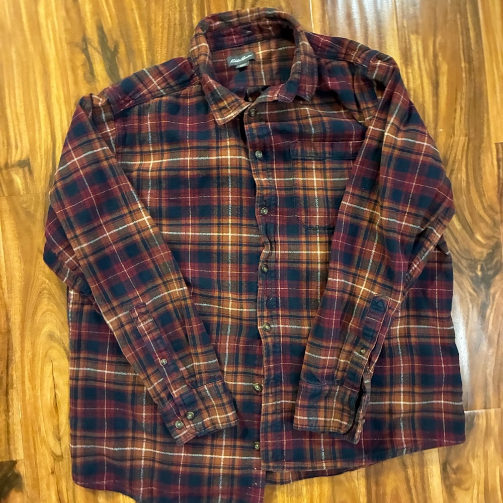 Eddie Bauer Men’s Flannel Shirt Large Plaid Button Up Burgundy Orange Earth Tone